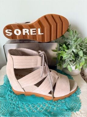SOREL Joanie II Women’s Lace Up Suede Comfort Wedge Sandals Taupe Size 7.5